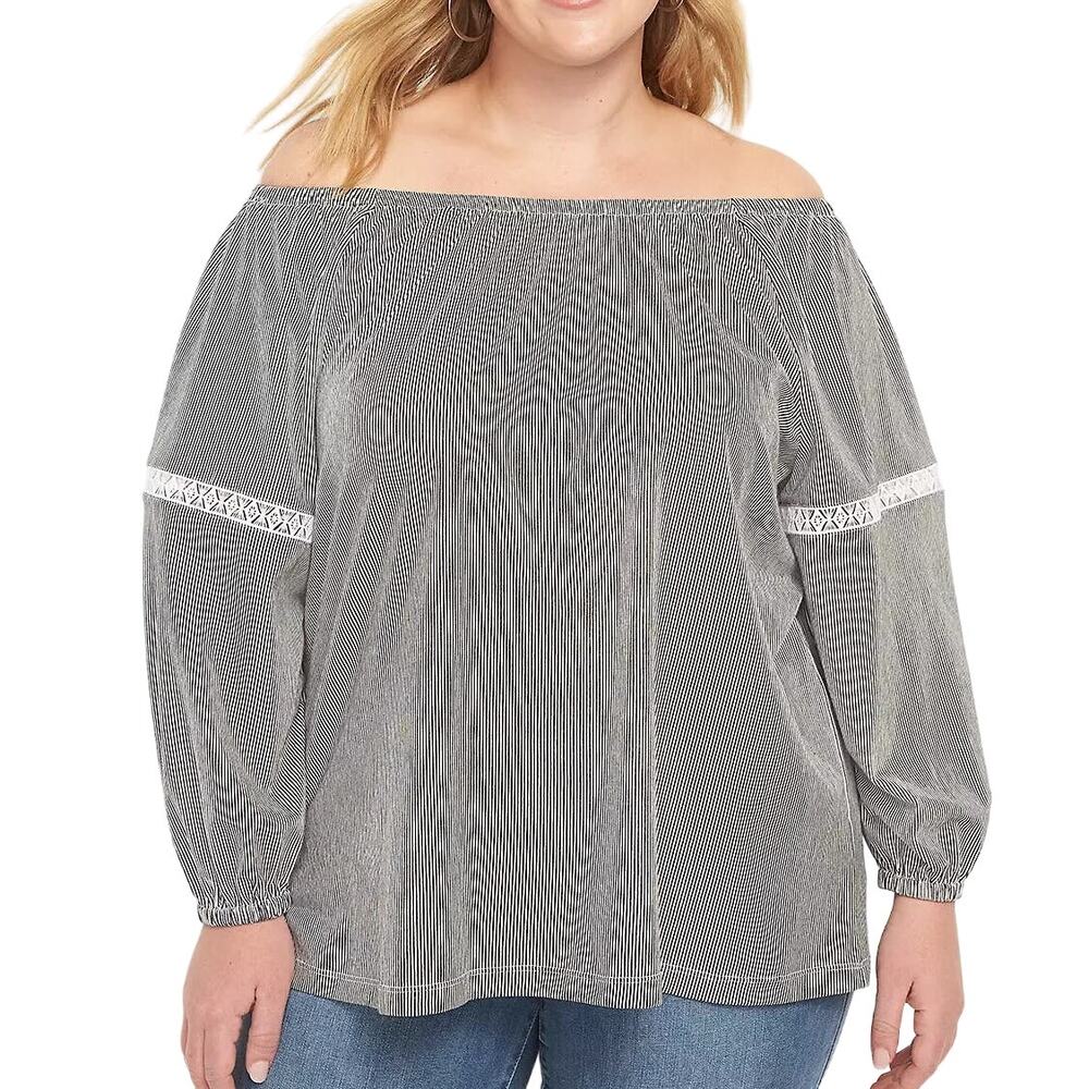 Lane Bryant Womens 22/24 Plus Black White Stripe Off Shoulder Blouse Top Stretch